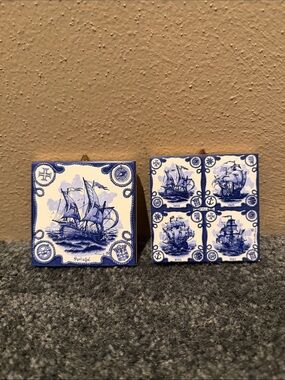 Vintage Ceramic Portugal Sailboat Hanging Wall Tiles Pair